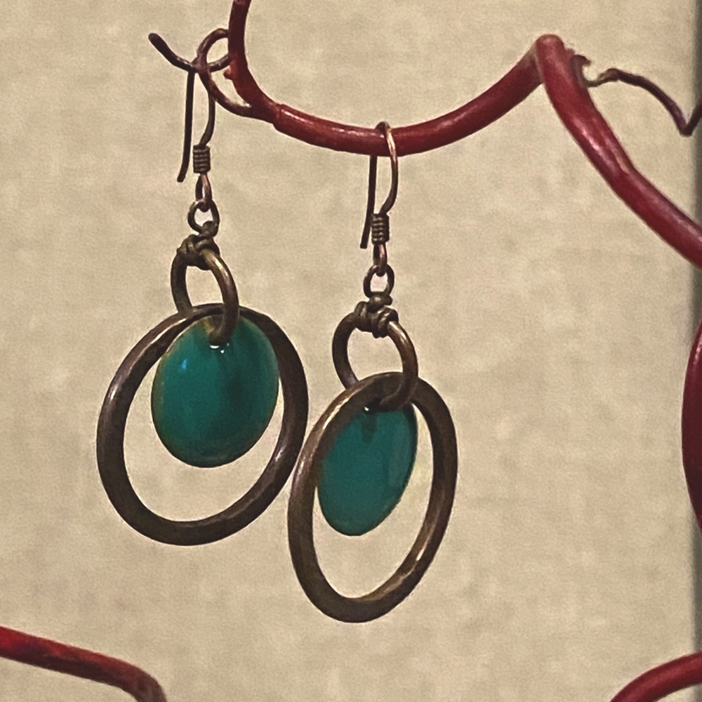 Copper and teal, hammered circle earrings
